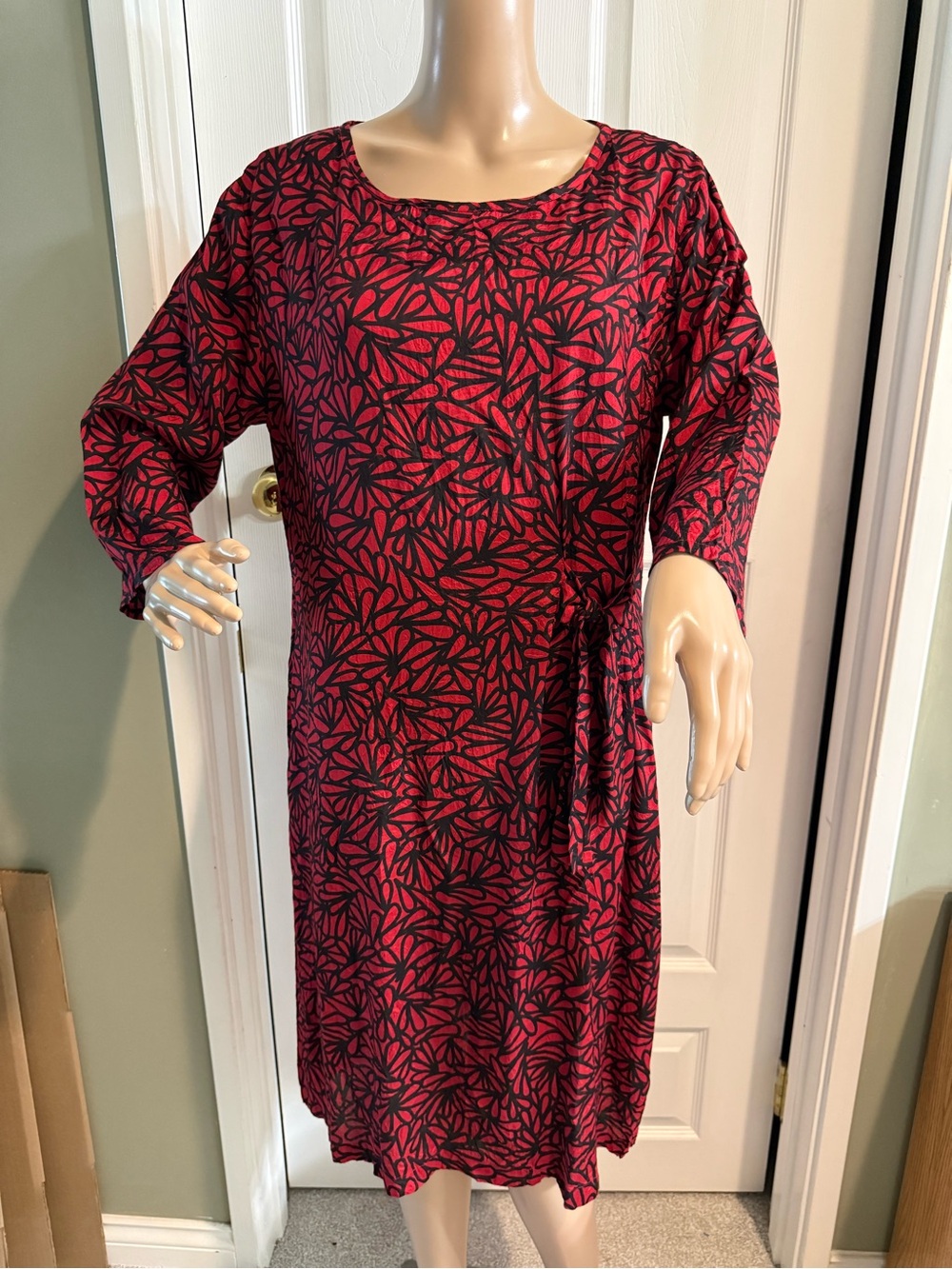 Masai Copenhagen Midi Dress S Red Black Floral Tie Waist Office Cocktail
